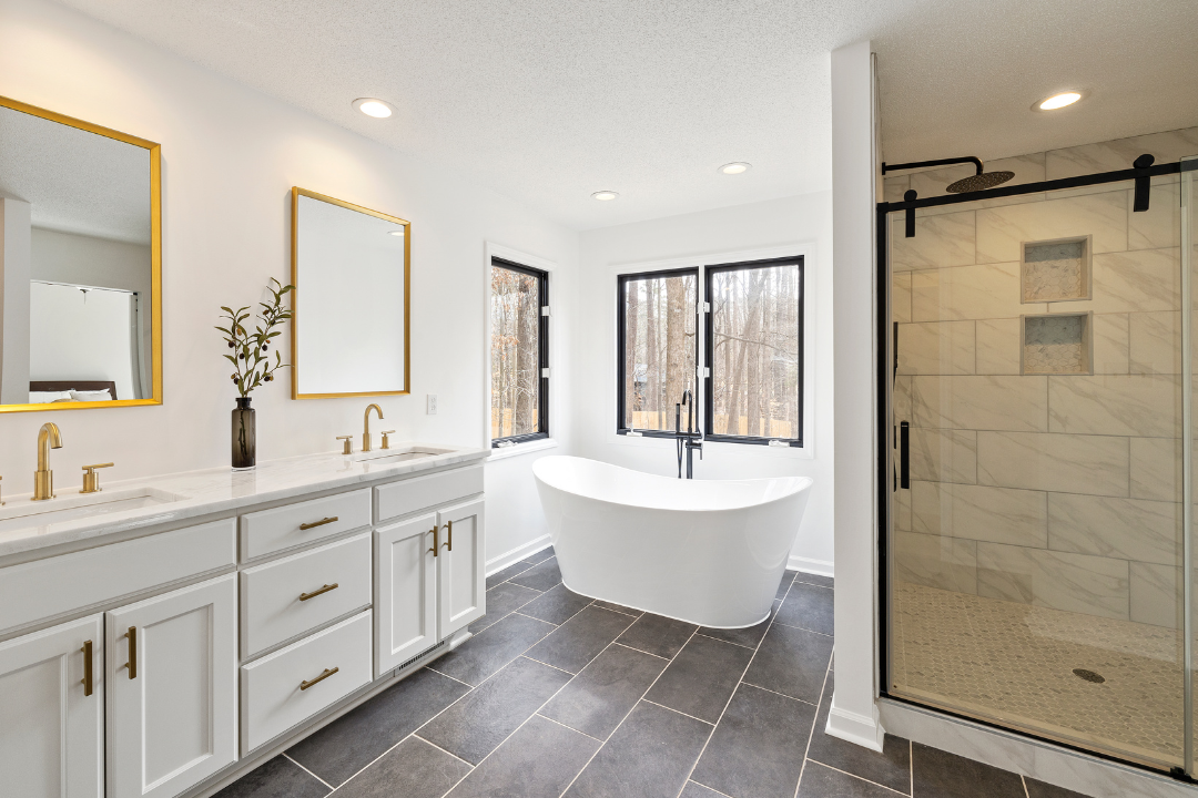 Master bath with freestanding tub and walk-in glass shower